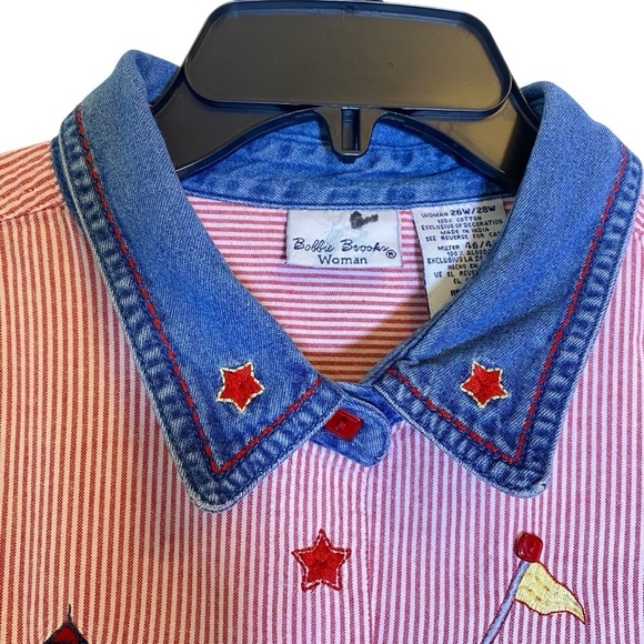 Bobbie Brooks Woman Plus size 26-28W Nautical red white stripe Embroidered Shirt - Picture 2 of 6